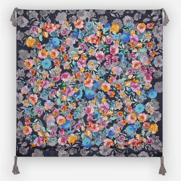 Johnny Was Fall Dance Scarf Flower Silk Tassel Floral Black Pink Grey Large New - Picture 1 of 2